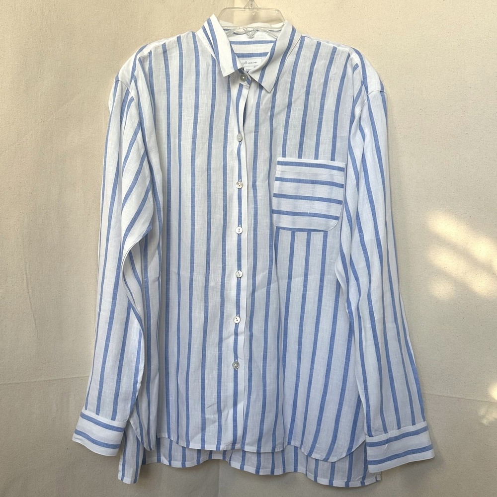 J.Jill Love Linen Coastal Beachy Resort Striped Button Down Shirt White L/S Sz S